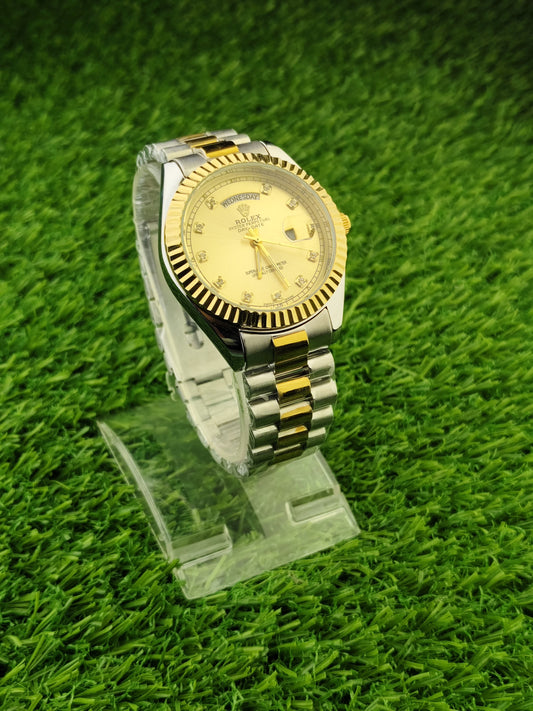 Two tone watch with golden dial